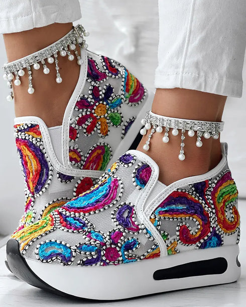 Floral Pattern Embroidery Mesh Sneakers multicoloured&white