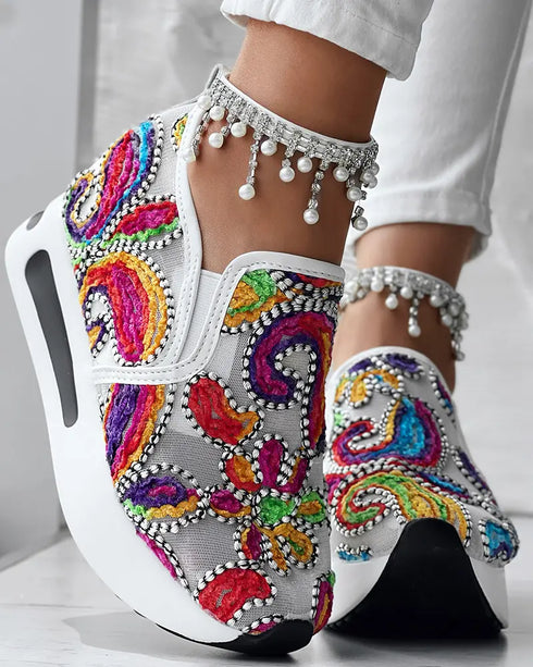 Floral Pattern Embroidery Mesh Sneakers multicoloured&white
