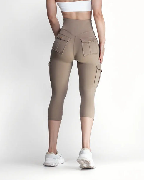 Butt Lifting Biker Capris Leggings High Waist Flap Pocket Workout Capris Gym Pants khaki