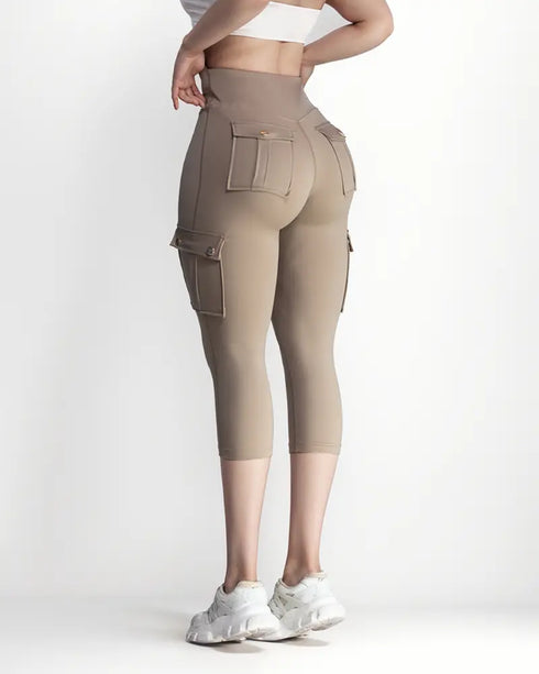 Butt Lifting Biker Capris Leggings High Waist Flap Pocket Workout Capris Gym Pants khaki