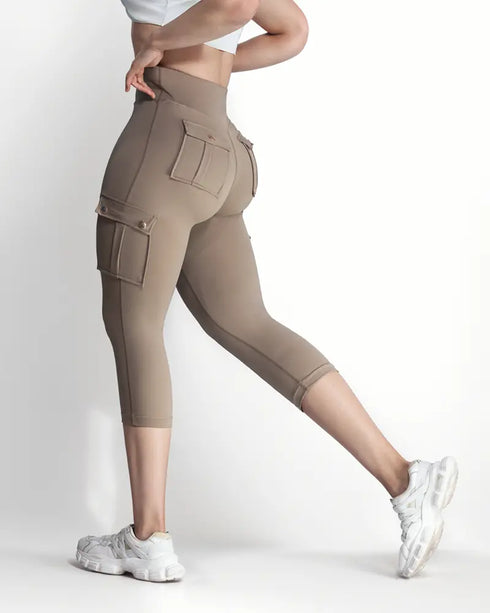 Butt Lifting Biker Capris Leggings High Waist Flap Pocket Workout Capris Gym Pants khaki