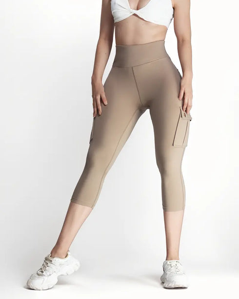 Butt Lifting Biker Capris Leggings High Waist Flap Pocket Workout Capris Gym Pants khaki