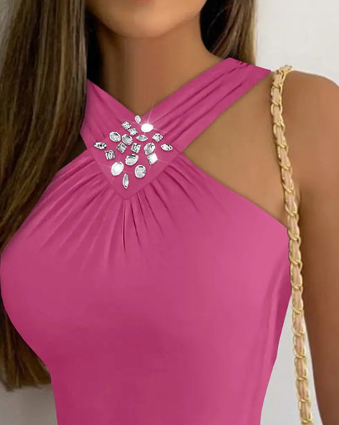 Rhinestone Halter Sleeveless Slim Fit Tank Ruched Casual Top hot pink