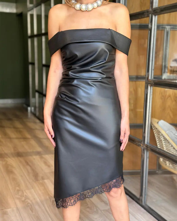 PU Bandeau Sleeveless Chic Contrast Lace Dress black