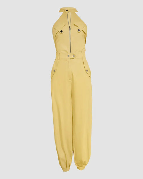 2 Pieces Outfits Sleeveless High Neck Cargo Pockets Design Top and Casual Cuffed Long Pants Set yellow