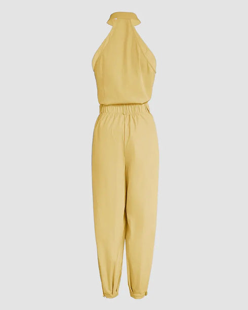 2 Pieces Outfits Sleeveless High Neck Cargo Pockets Design Top and Casual Cuffed Long Pants Set yellow