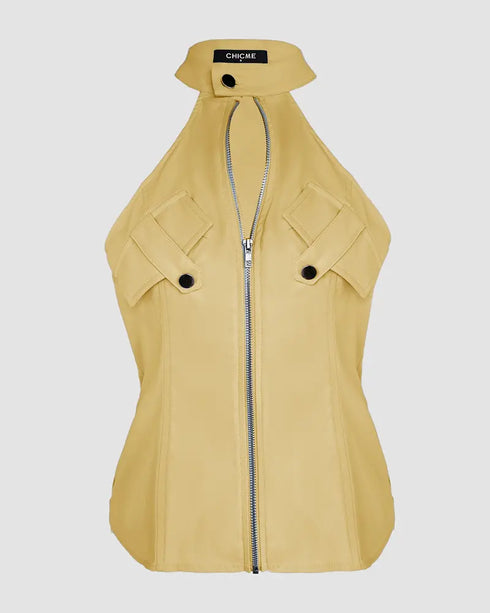 2 Pieces Outfits Sleeveless High Neck Cargo Pockets Design Top and Casual Cuffed Long Pants Set yellow