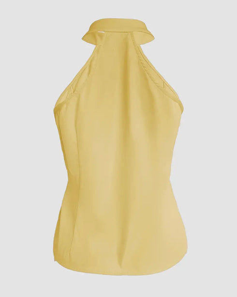 2 Pieces Outfits Sleeveless High Neck Cargo Pockets Design Top and Casual Cuffed Long Pants Set yellow