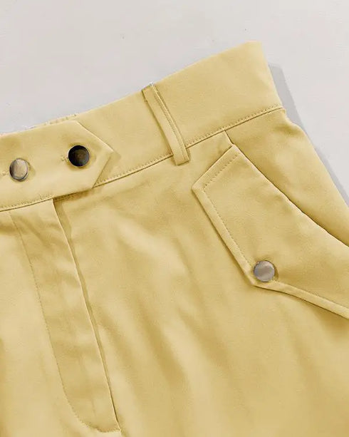 2 Pieces Outfits Sleeveless High Neck Cargo Pockets Design Top and Casual Cuffed Long Pants Set yellow