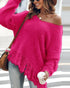 V-Neck Long Sleeve Sweater Fringe Pullover Casual Tassel Fall Winter Top hot pink