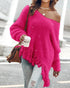 V-Neck Long Sleeve Sweater Fringe Pullover Casual Tassel Fall Winter Top hot pink