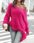 V-Neck Long Sleeve Sweater Fringe Pullover Casual Tassel Fall Winter Top hot pink