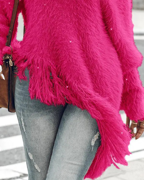 V-Neck Long Sleeve Sweater Fringe Pullover Casual Tassel Fall Winter Top hot pink
