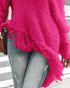 V-Neck Long Sleeve Sweater Fringe Pullover Casual Tassel Fall Winter Top hot pink