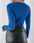 U-Neck Long Sleeve Ribbed Tops Fleece Lined Basic Layering Soft Thermal Tee (No Padding) blue