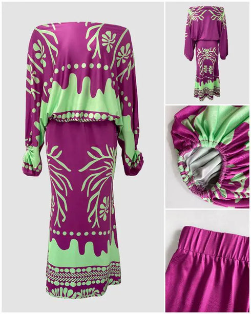 2 Pieces Outfit Tropical Print Lantern Sleeve Cold Shoulder Loose Top and Casual High Waist Fishtail Maxi Skirt Set purple