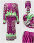2 Pieces Outfit Tropical Print Lantern Sleeve Cold Shoulder Loose Top and Casual High Waist Fishtail Maxi Skirt Set purple