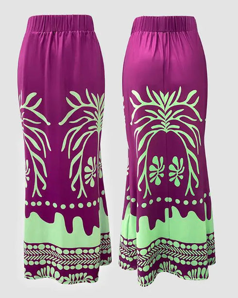 2 Pieces Outfit Tropical Print Lantern Sleeve Cold Shoulder Loose Top and Casual High Waist Fishtail Maxi Skirt Set purple