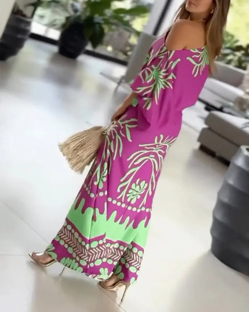 2 Pieces Outfit Tropical Print Lantern Sleeve Cold Shoulder Loose Top and Casual High Waist Fishtail Maxi Skirt Set purple