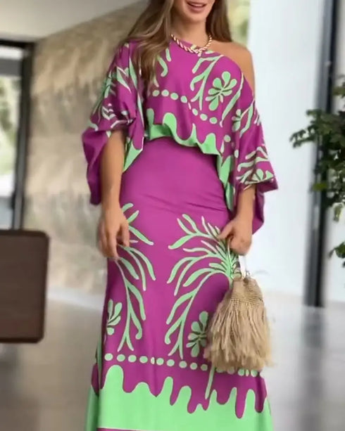 2 Pieces Outfit Tropical Print Lantern Sleeve Cold Shoulder Loose Top and Casual High Waist Fishtail Maxi Skirt Set purple