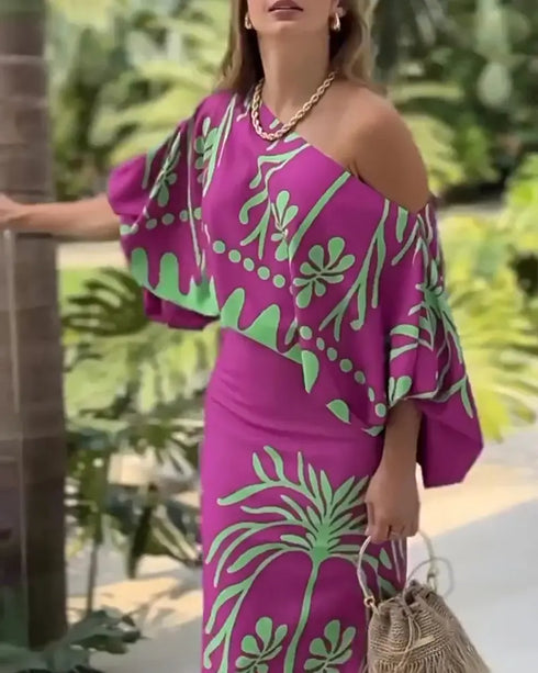 2 Pieces Outfit Tropical Print Lantern Sleeve Cold Shoulder Loose Top and Casual High Waist Fishtail Maxi Skirt Set purple