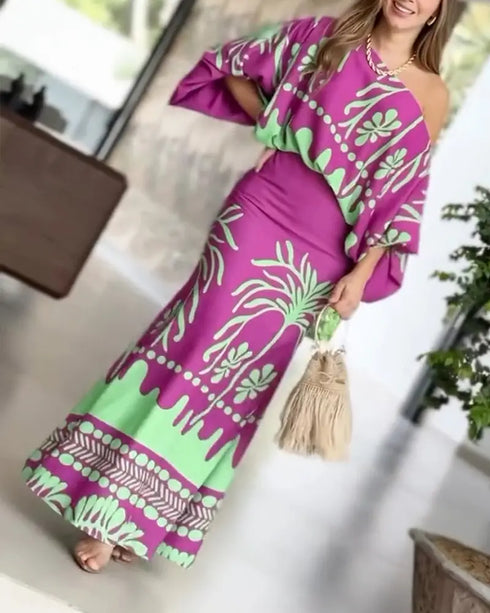 2 Pieces Outfit Tropical Print Lantern Sleeve Cold Shoulder Loose Top and Casual High Waist Fishtail Maxi Skirt Set purple