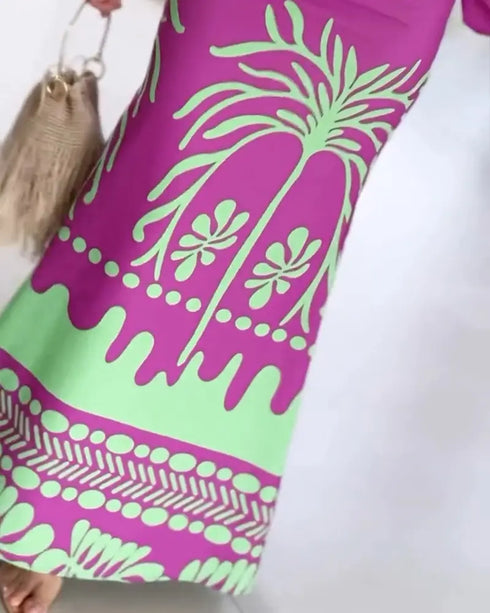 2 Pieces Outfit Tropical Print Lantern Sleeve Cold Shoulder Loose Top and Casual High Waist Fishtail Maxi Skirt Set purple