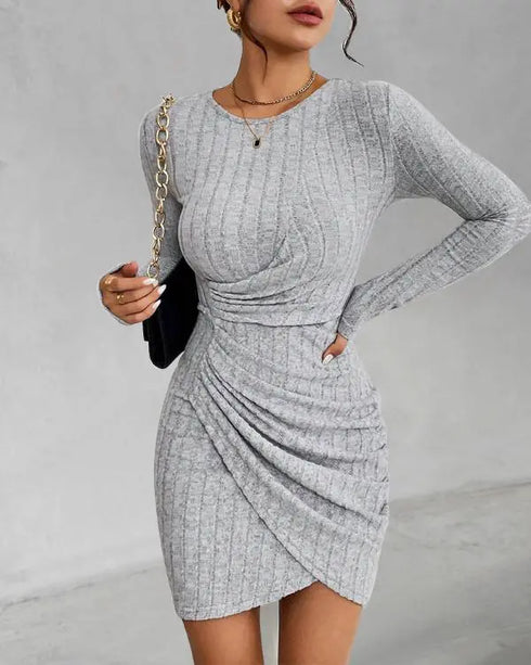 Ruched Bodycon Dress Crew Neck Long Sleeve Casual Ribbed Tight Mini Dresses gray