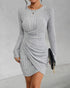 Ruched Bodycon Dress Crew Neck Long Sleeve Casual Ribbed Tight Mini Dresses gray