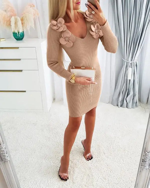 Floral Pattern V Neck Bodycon Mini Dress Long Sleeve Knit Sweater Dress khaki