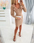 Floral Pattern V Neck Bodycon Mini Dress Long Sleeve Knit Sweater Dress khaki