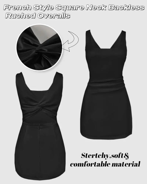 French Style Square Neck Backless Zipper Back Overalls Twist Back Ruched Slim Fit Slit Faux Two-Piece Skort Romper black