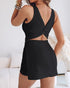 French Style Square Neck Backless Zipper Back Overalls Twist Back Ruched Slim Fit Slit Faux Two-Piece Skort Romper black