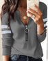 Striped Print Zipper Front Long Sleeve Top Waffle Knit Loose Fitting Tunic Tops gray