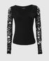 Metal Ring Decor Round Neck Hollow-out Long Sleeve Top Slim Fit Stretchy Layering Top with Thumb Hole Cuffs black