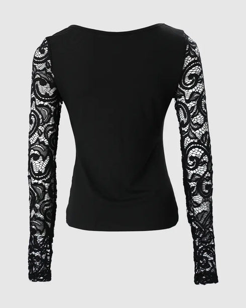 Rhinestone Decor Sweetheart Neck Long Sleeve Slim Fit Tee Bowknot Decor Casual Top with Thumb Hole Cuffs black