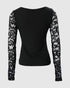 Mock Neck Long Sleeve Rhinestone Decor Top black