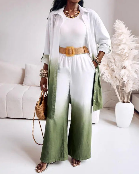 2 Pieces Outfit Ombre Print Long Sleeve Blouse and Casual High Waist Wide Leg Pants Set (Without Belt) dark green