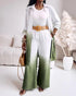 2 Pieces Outfit Ombre Print Long Sleeve Blouse and Casual High Waist Wide Leg Pants Set (Without Belt) dark green