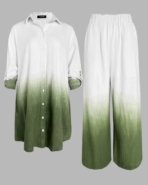 2 Pieces Outfit Ombre Print Long Sleeve Blouse and Casual High Waist Wide Leg Pants Set (Without Belt) dark green