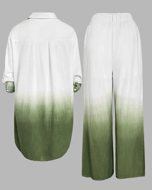 2 Pieces Outfit Ombre Print Long Sleeve Blouse and Casual High Waist Wide Leg Pants Set (Without Belt) dark green