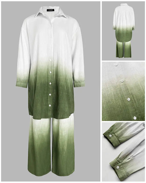 2 Pieces Outfit Ombre Print Long Sleeve Blouse and Casual High Waist Wide Leg Pants Set (Without Belt) dark green