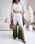 2 Pieces Outfit Ombre Print Long Sleeve Blouse and Casual High Waist Wide Leg Pants Set (Without Belt) dark green