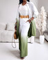 2 Pieces Outfit Ombre Print Long Sleeve Blouse and Casual High Waist Wide Leg Pants Set (Without Belt) dark green