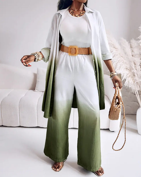2 Pieces Outfit Ombre Print Long Sleeve Blouse and Casual High Waist Wide Leg Pants Set (Without Belt) dark green