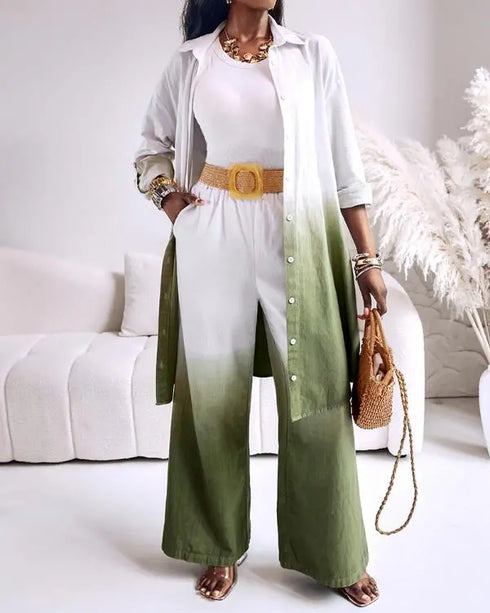 2 Pieces Outfit Ombre Print Long Sleeve Blouse and Casual High Waist Wide Leg Pants Set (Without Belt) dark green