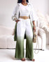 2 Pieces Outfit Ombre Print Long Sleeve Blouse and Casual High Waist Wide Leg Pants Set (Without Belt) dark green