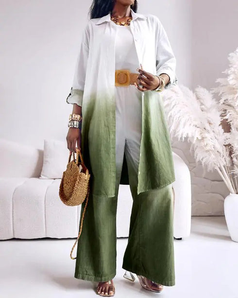 2 Pieces Outfit Ombre Print Long Sleeve Blouse and Casual High Waist Wide Leg Pants Set (Without Belt) dark green