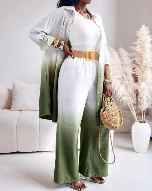 2 Pieces Outfit Ombre Print Long Sleeve Blouse and Casual High Waist Wide Leg Pants Set (Without Belt) dark green