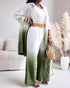 2 Pieces Outfit Ombre Print Long Sleeve Blouse and Casual High Waist Wide Leg Pants Set (Without Belt) dark green